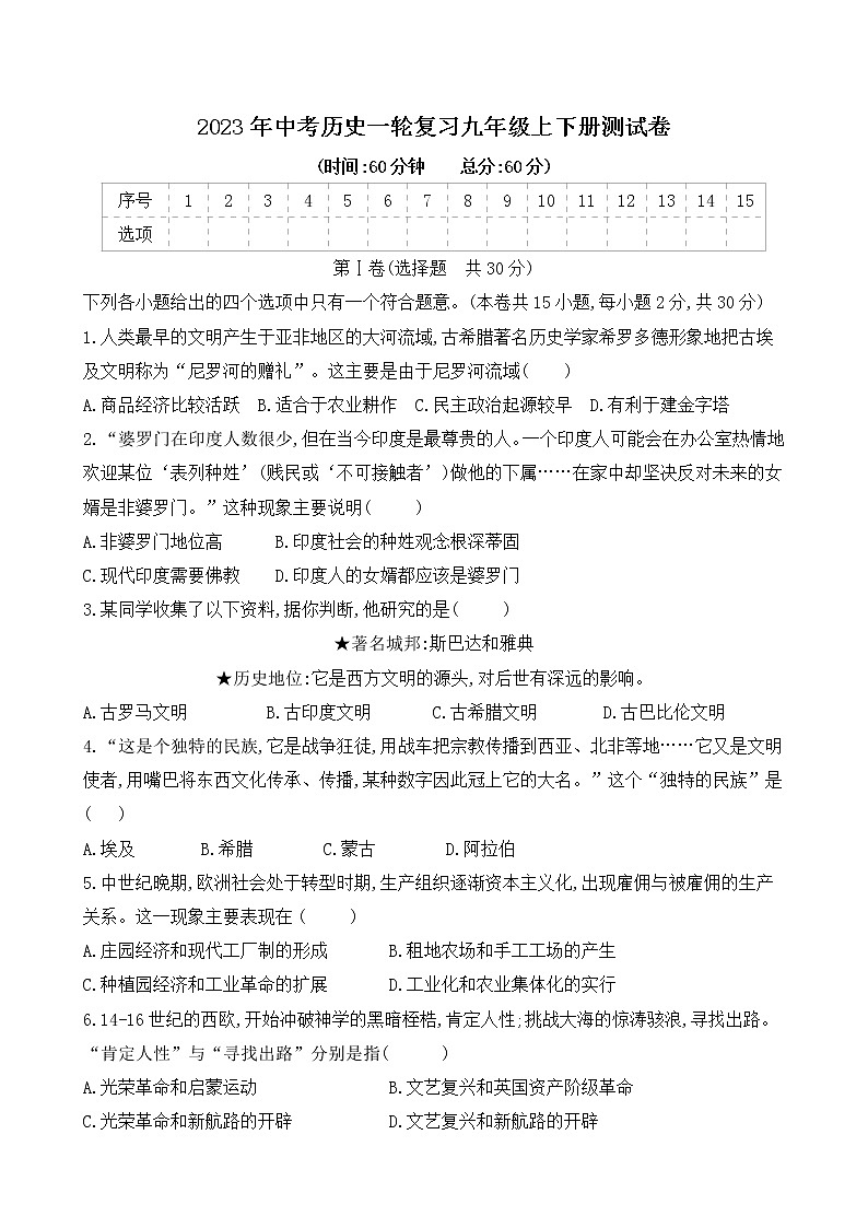 2023年山东省中考历史一轮复习九年级上下册测试卷第1页