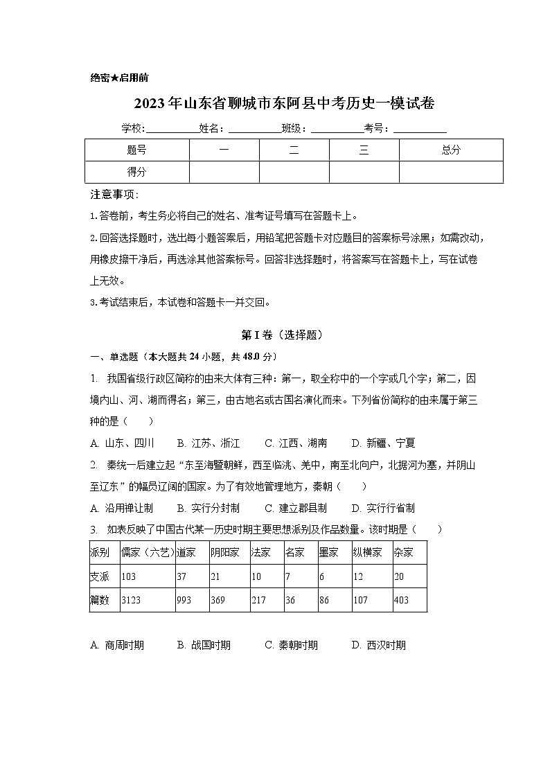 2023年山东省聊城市东阿县中考历史一模试卷（含答案）01