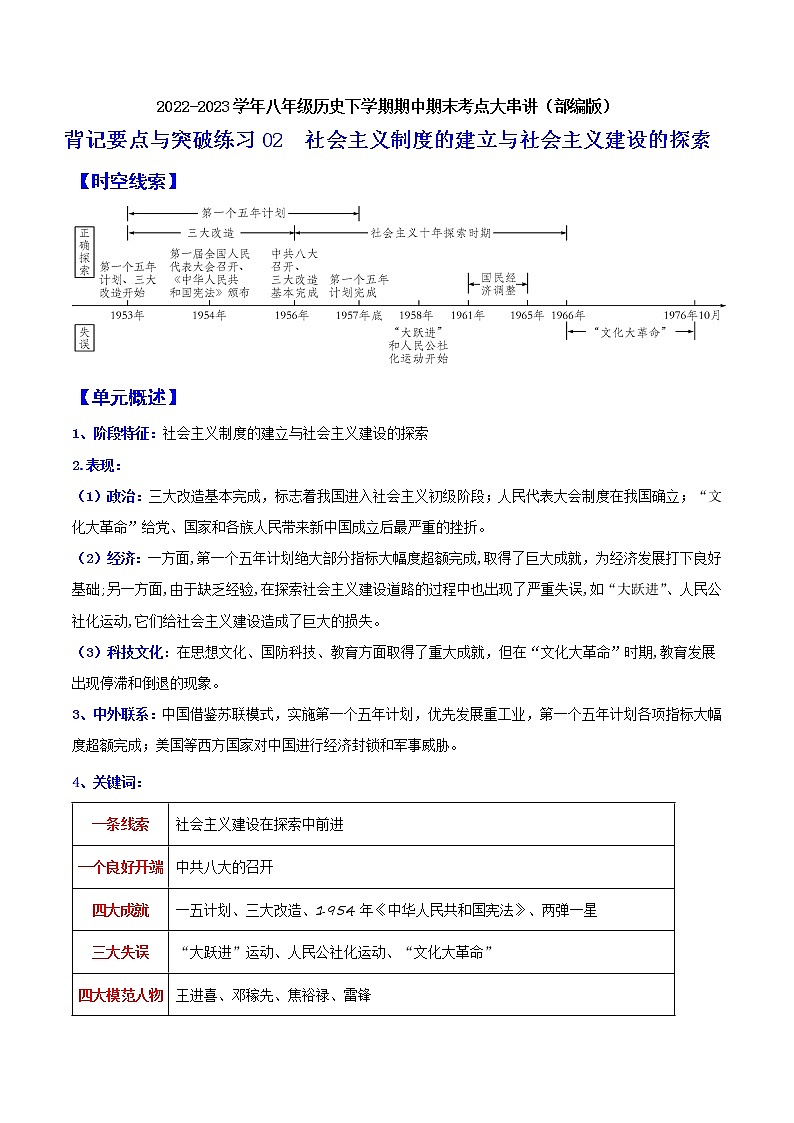 2022-2023年部编版历史八年级下册专项复习精讲精练：背记要点与突破练习02  社会主义制度的建立与社会主义建设的探索（原卷版+解析版）01