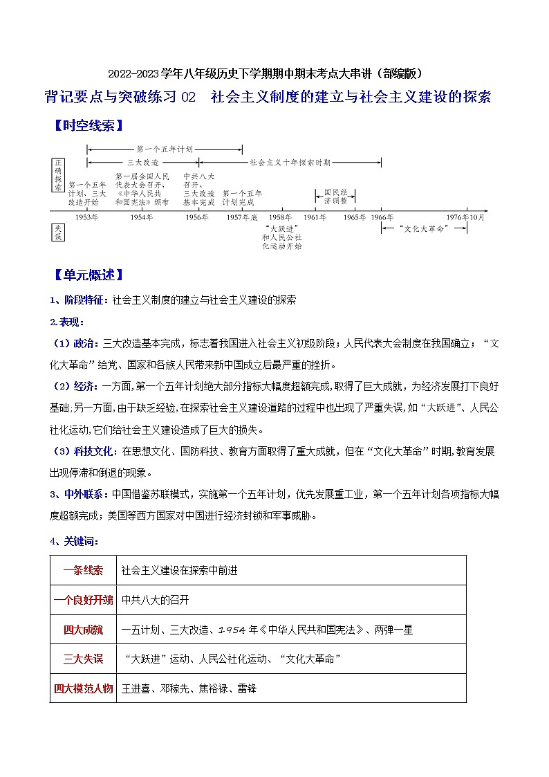 2022-2023年部编版历史八年级下册专项复习精讲精练：背记要点与突破练习02  社会主义制度的建立与社会主义建设的探索（原卷版+解析版）01