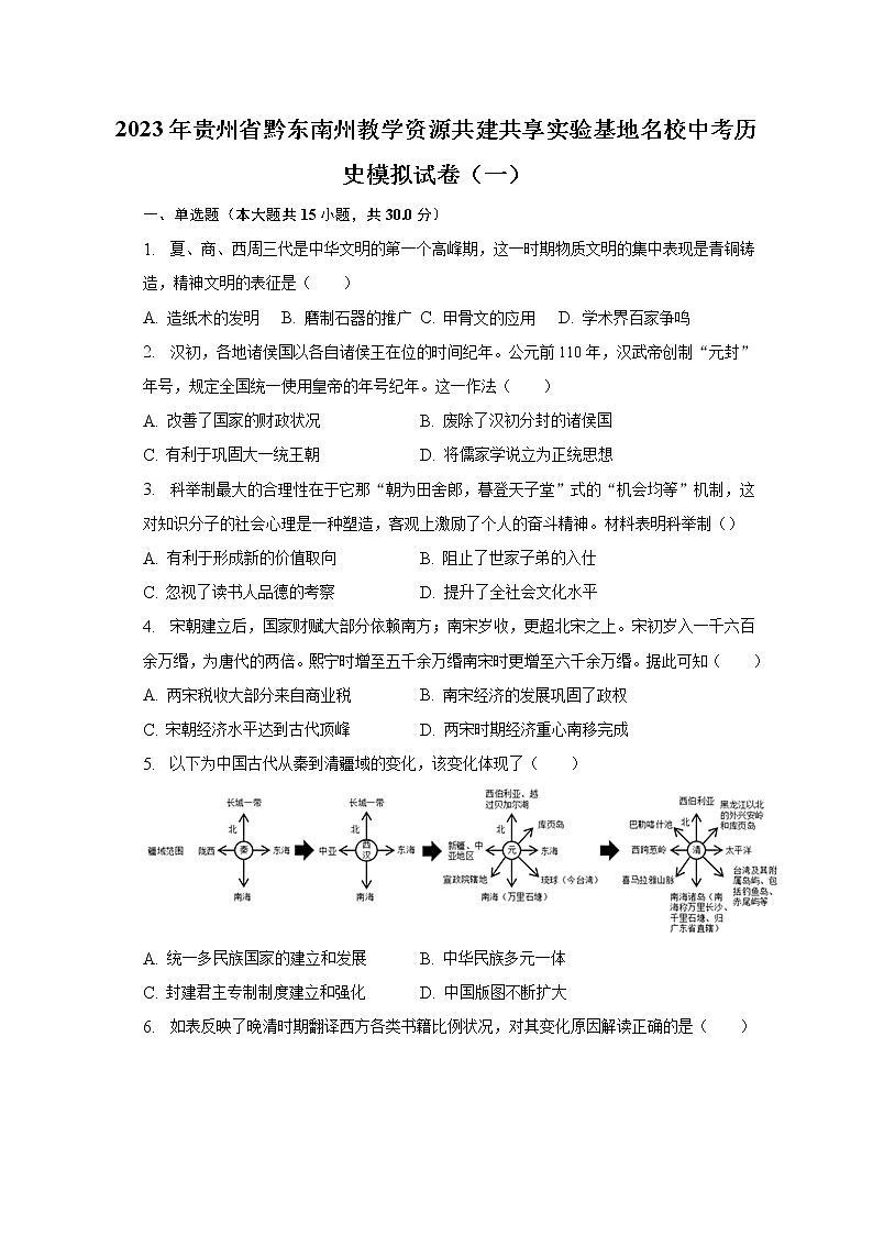 2023年贵州省黔东南州教学资源共建共享实验基地名校中考历史模拟试卷（一）（含解析）第1页