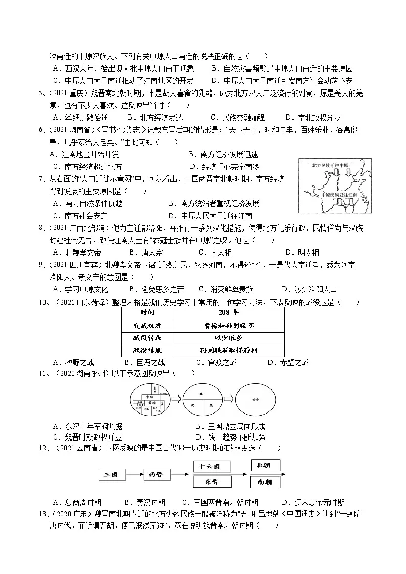2023年中考历史二轮复习专题归纳和真题练习--三国两晋南北朝时期第2页