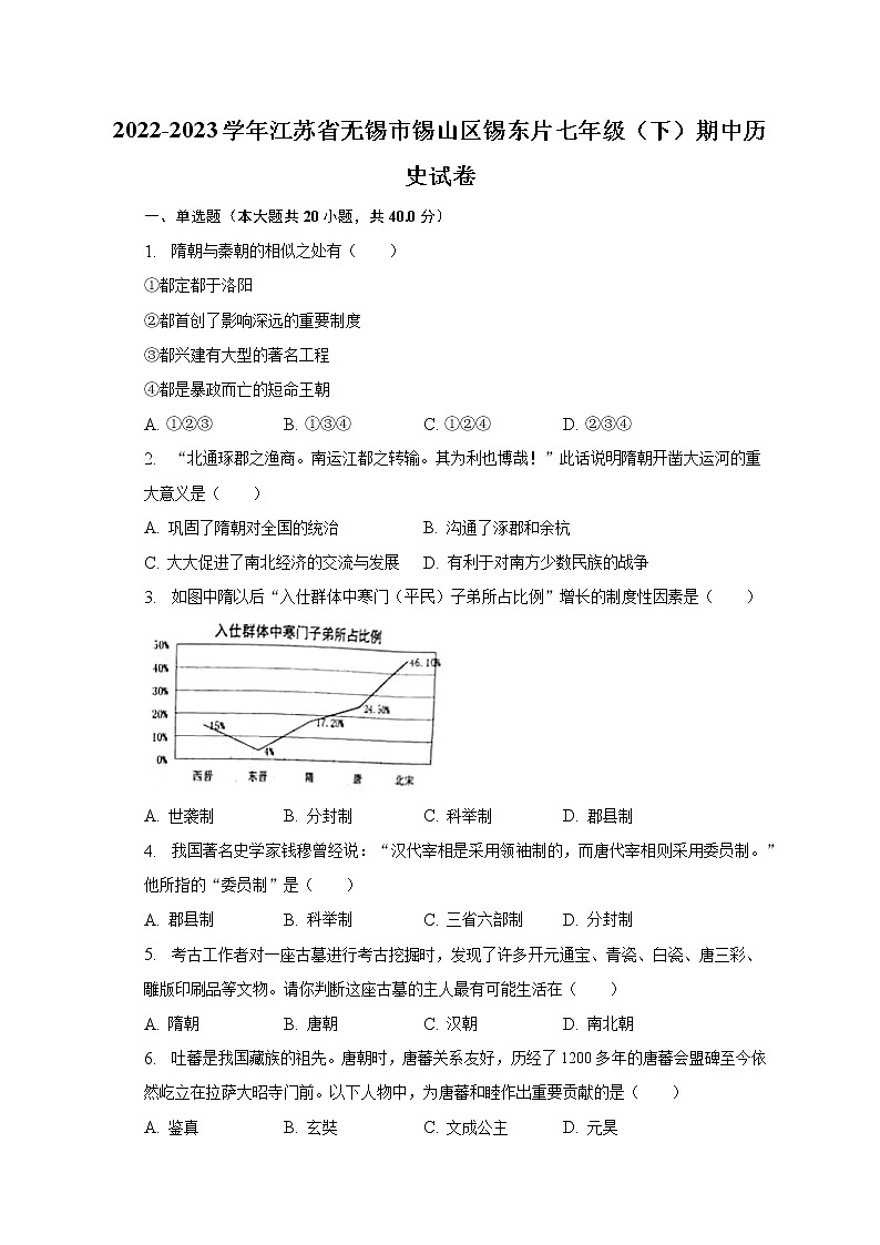2022-2023学年江苏省无锡市锡山区锡东片七年级（下）期中历史试卷（含解析）第1页