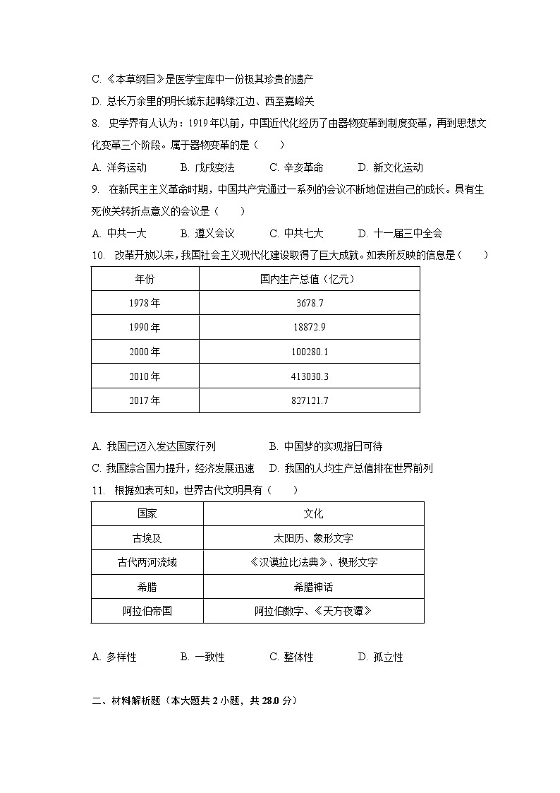 2023年湖南省永州市零陵区中考历史第一次适应性试卷（含解析）02
