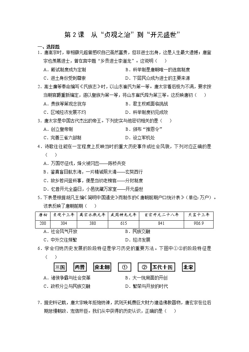 7年级历史部编版下册第一单元第2课 从“贞观之治”到“开元盛世”  随堂测试第1页