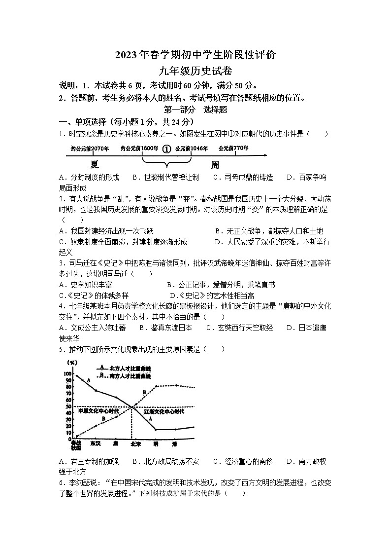 2023年江苏省泰州市兴化市中考一模历史试题第1页