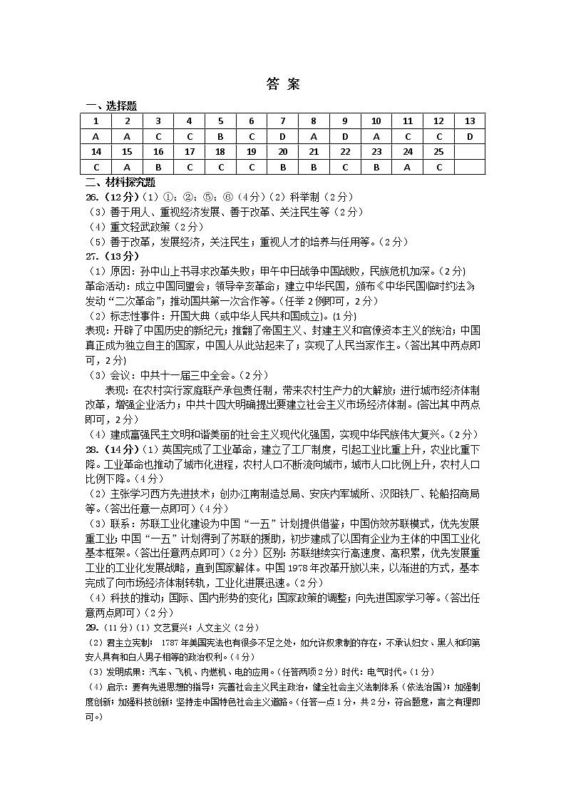 2023模拟考试答案历史第1页