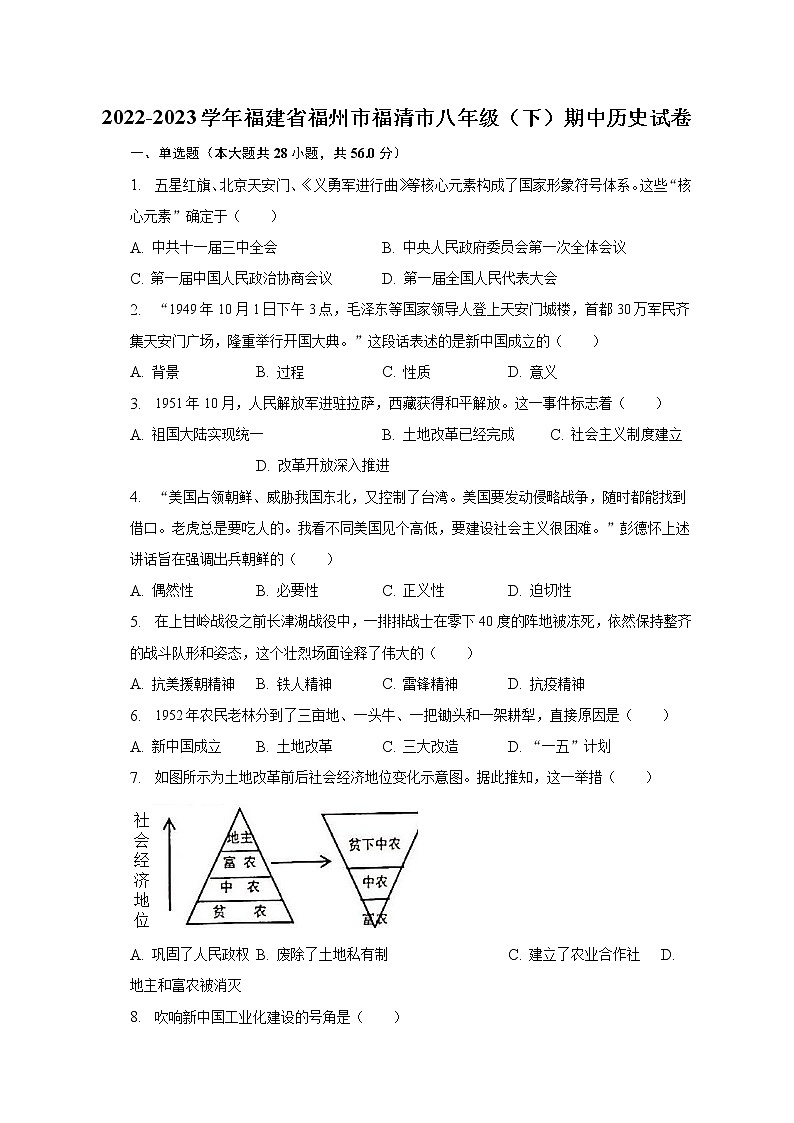 2022-2023学年福建省福州市福清市八年级（下）期中历史试卷（含解析）01