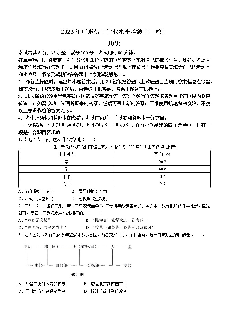 2023年广东省初中学业水平检测（一轮）历史试题（含答案）第1页