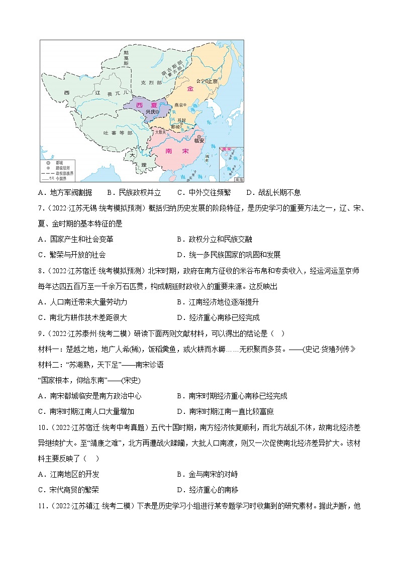 江苏省2023年中考备考历史一轮复习辽宋夏金元时期：民族关系发展和社会变化 练习题第2页