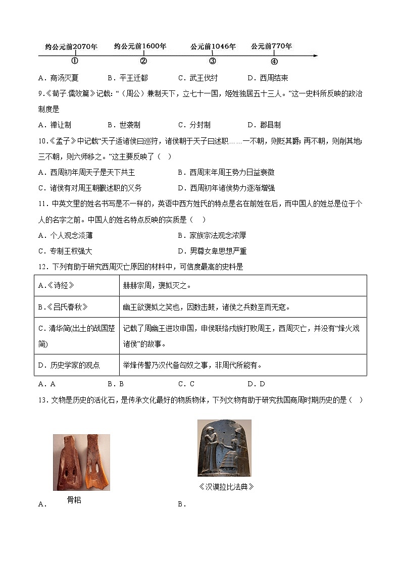江苏省2023年中考备考历史一轮复习夏商周时期：早期国家与社会变革 练习题02