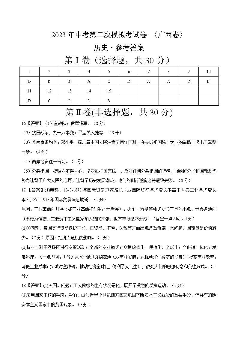 2023年中考第二次模拟考试卷：历史（广西卷）（参考答案）第1页