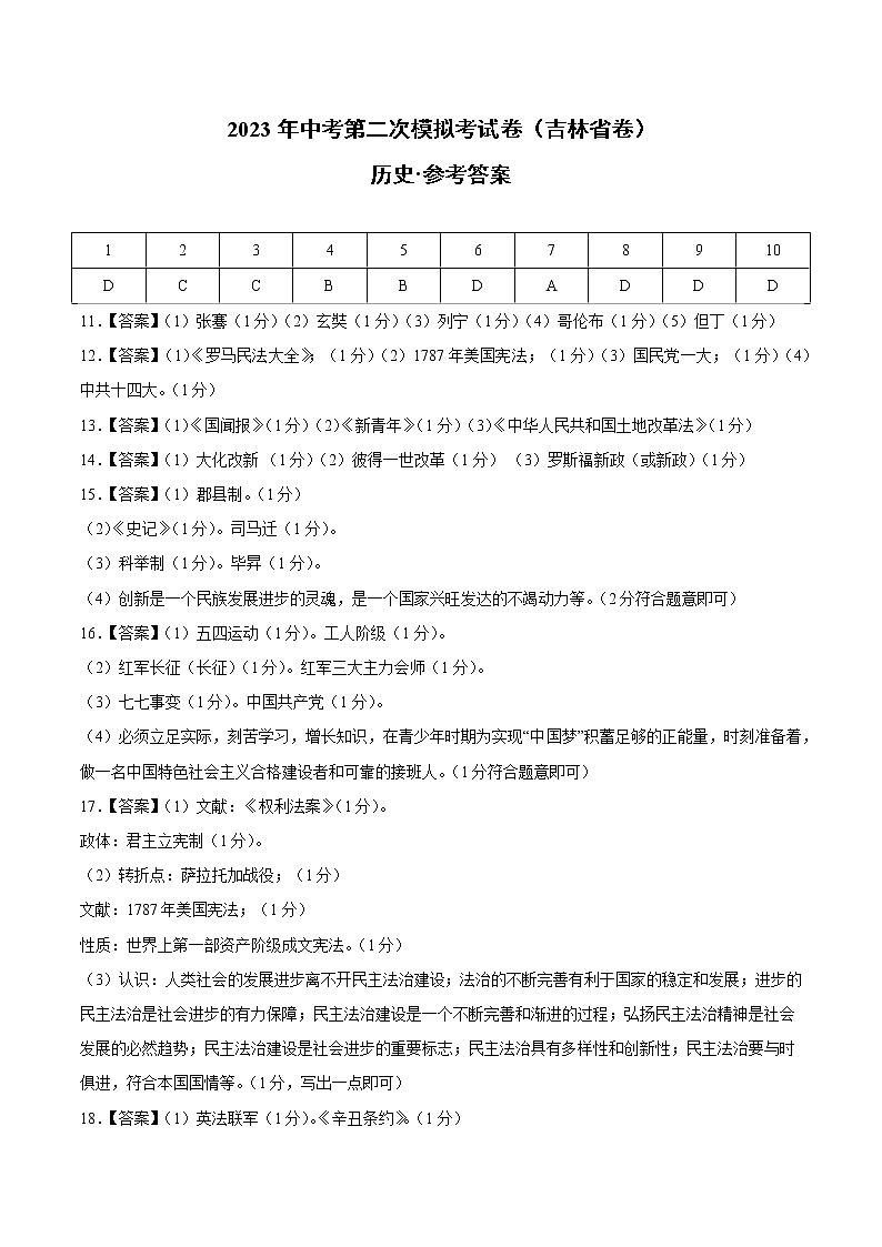 2023年中考第二次模拟考试卷：历史（吉林省卷）（参考答案）第1页