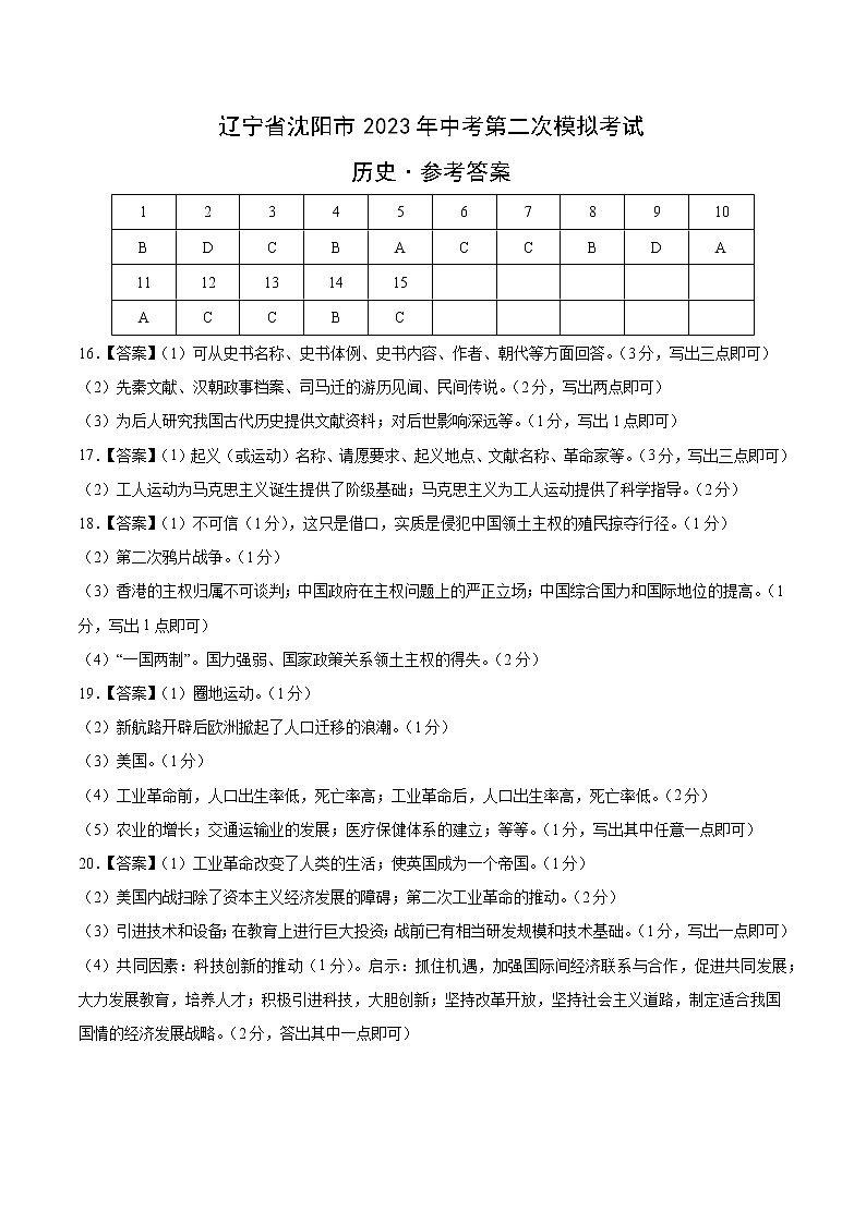 2023年中考第二次模拟考试卷：历史（辽宁沈阳卷）（参考答案）01