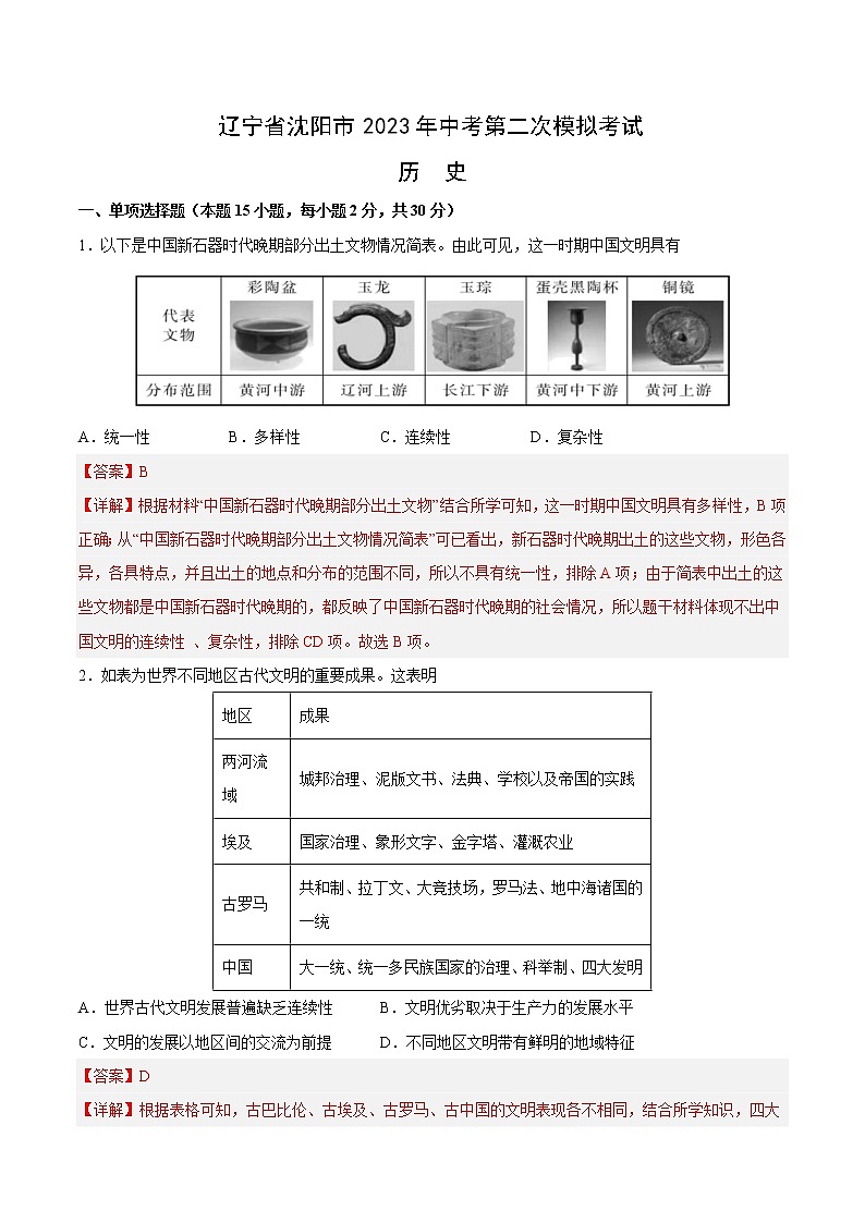 2023年中考第二次模拟考试卷：历史（辽宁沈阳卷）（全解全析）01
