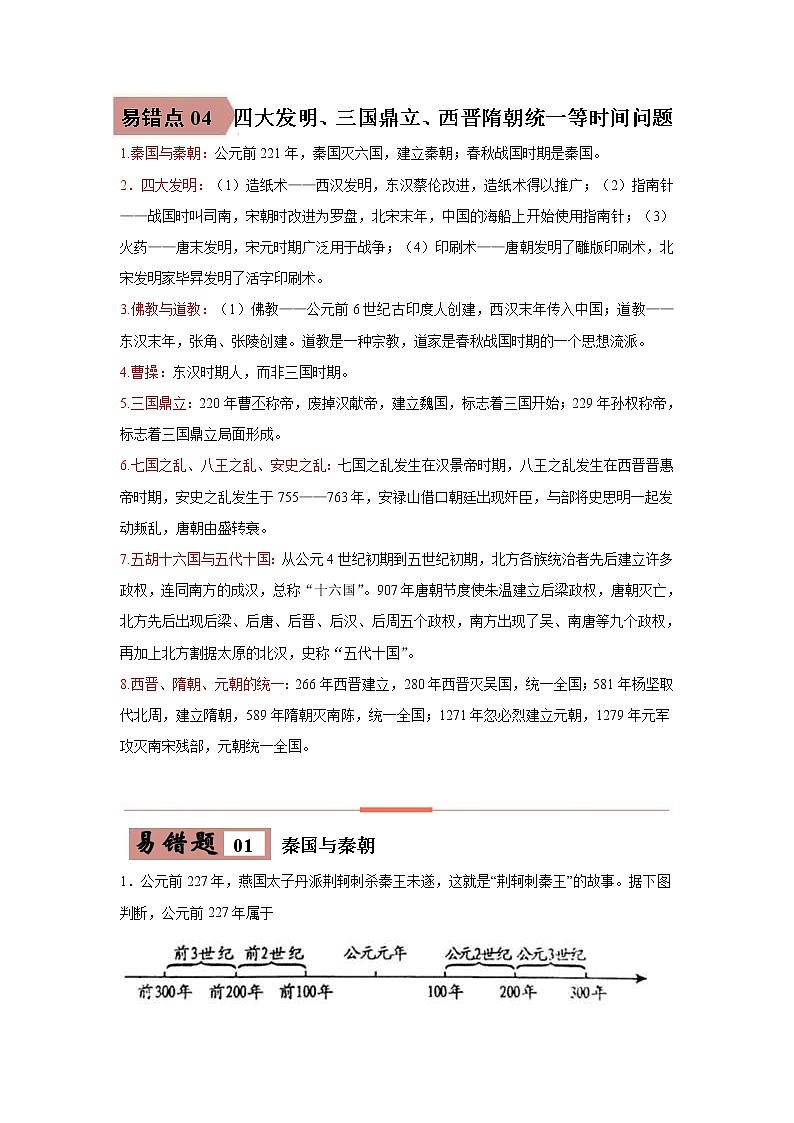 中考历史一轮复习易错点梳理及巩固练习易错点04  造纸术、佛教、三国鼎立 (含答案)第1页