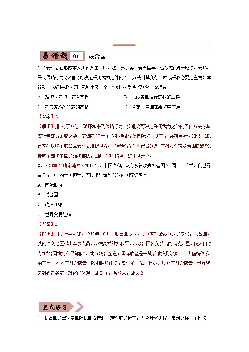 中考历史一轮复习易错点梳理及巩固练习易错点28 世界重要的国际组织 (含答案)03