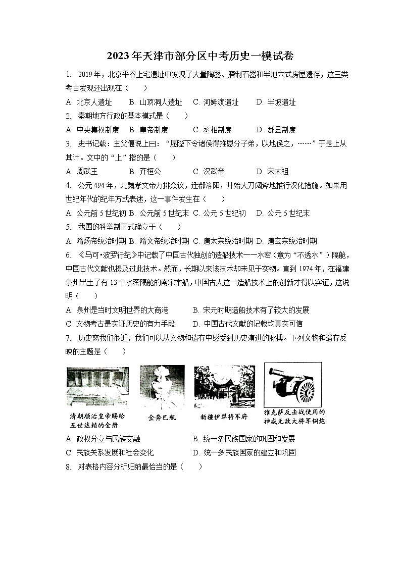 2023年天津市部分区中考历史一模试卷(含答案解析)01