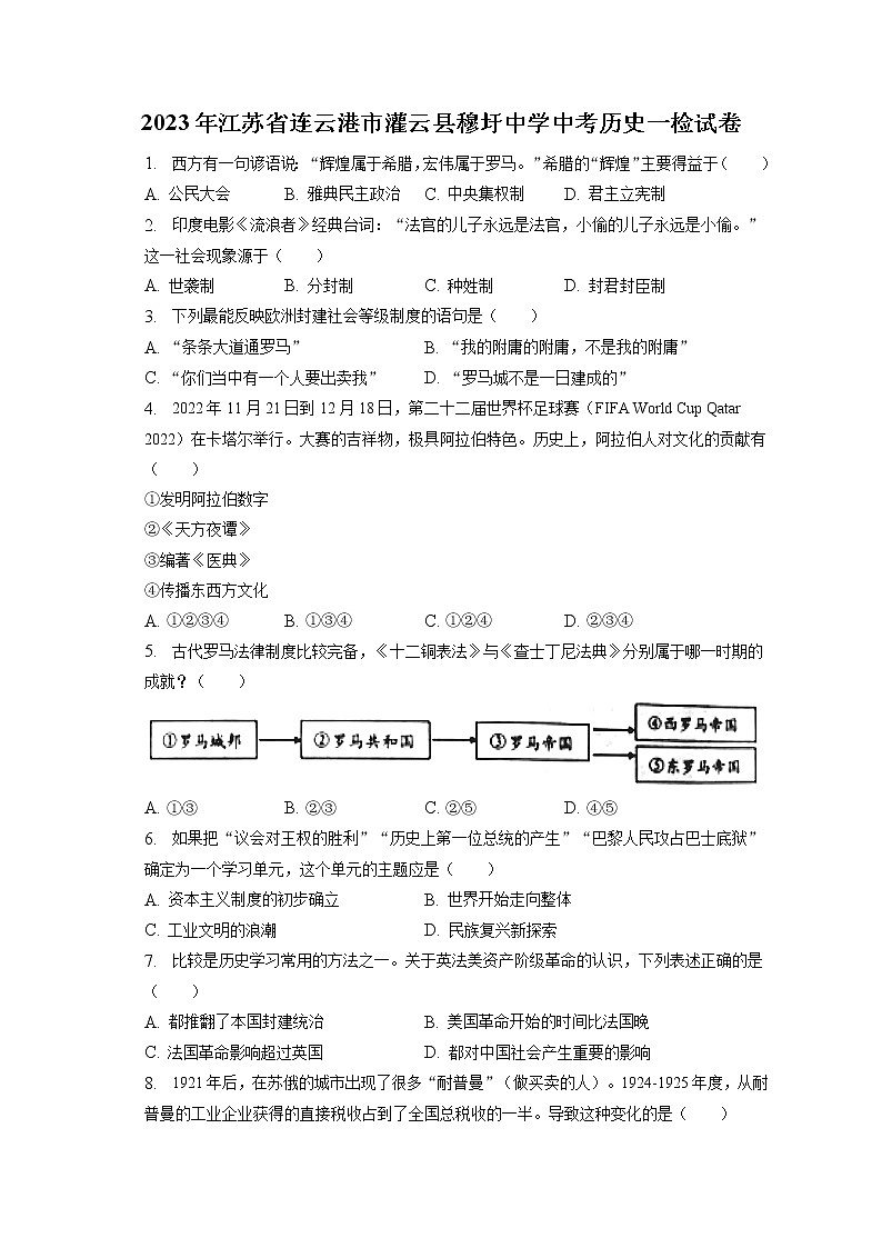 2023年江苏省连云港市灌云县穆圩中学中考历史一检试卷(含答案解析)01