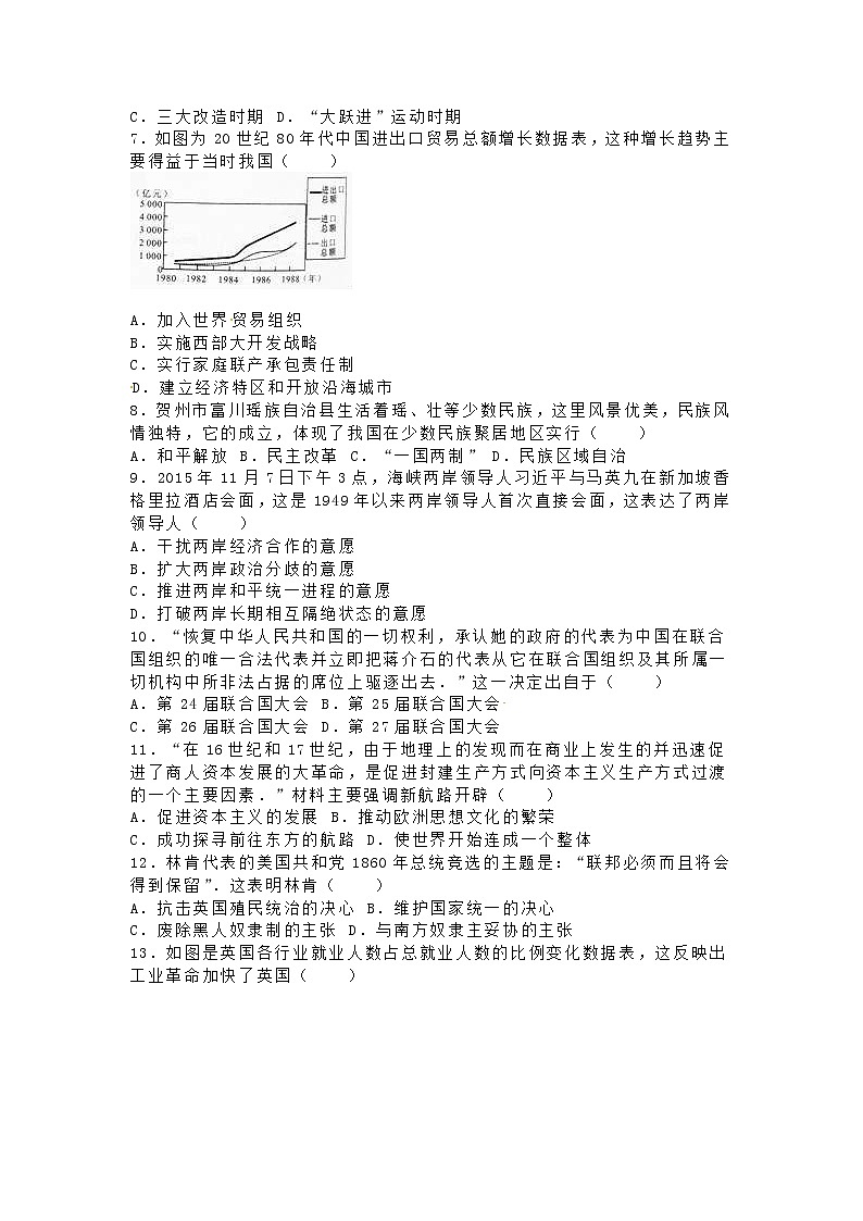 广西贺州市2016年中考历史真题试题（含解析）02