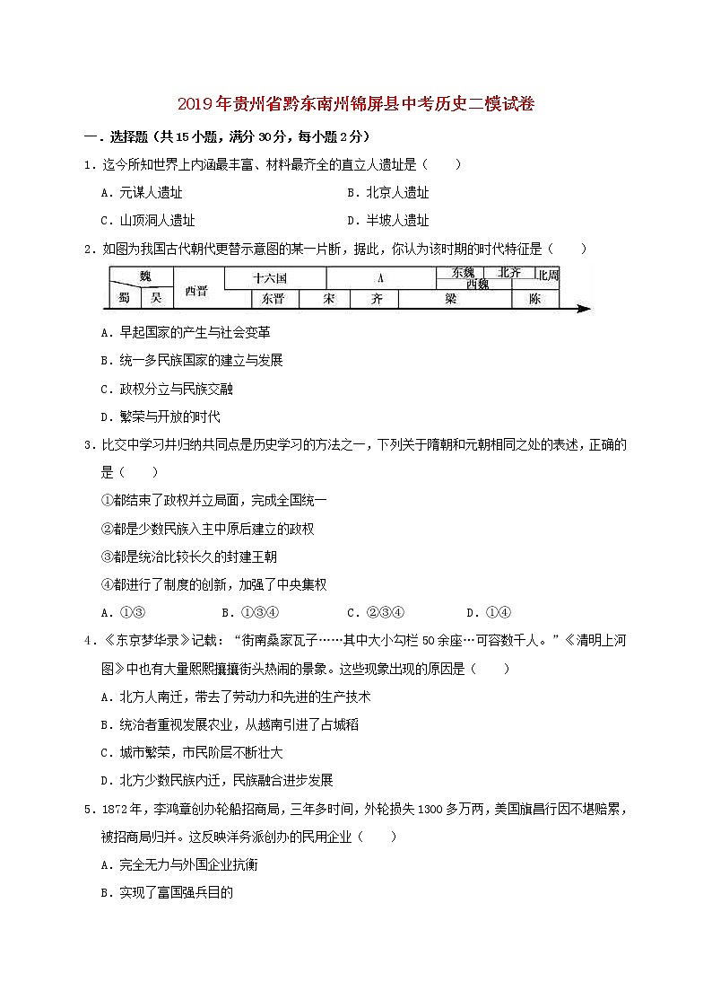 贵州省黔东南州锦屏县河口中学中考历史二模试卷（含答案）01