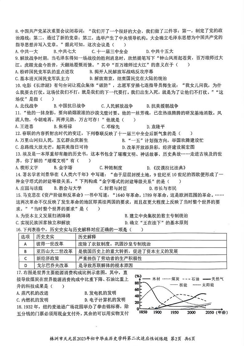 2023年湖南省株洲市天元区初中毕业第二次适应性训练历史试题02