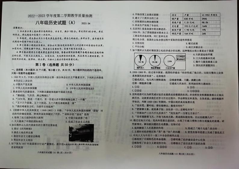 山东省滨州市滨城区2022-2023学年八年级下学期期中考试历史试题01