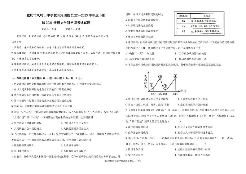 重庆市沙坪坝区联考2022-2023学年八年级下学期期中历史试题01