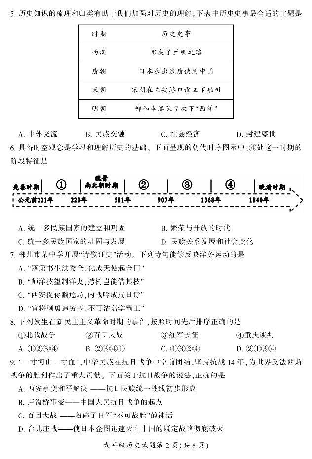 2023年湖南省郴州市初中学业水平质量监测历史试卷第2页