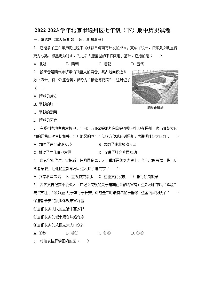 2022-2023学年北京市通州区七年级（下）期中历史试卷（含解析）第1页