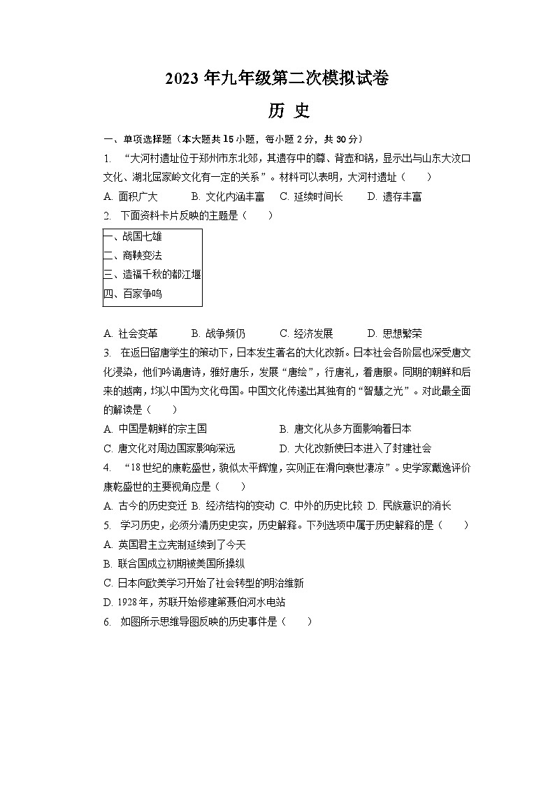 2023年安徽省滁州市凤阳县中考第二次模拟历史试题第1页
