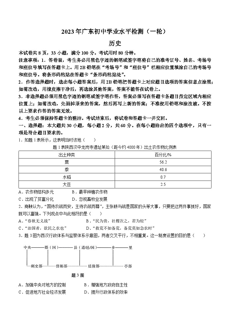 2023年广东省初中学业水平检测（一轮）历史试卷(word版)(含答案)01