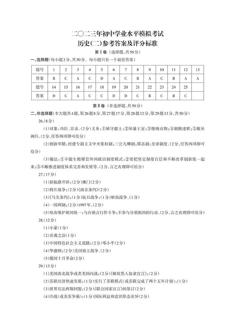 云南省昭通市正道中学2023年初中学业水平模拟考试历史试题卷（二）01
