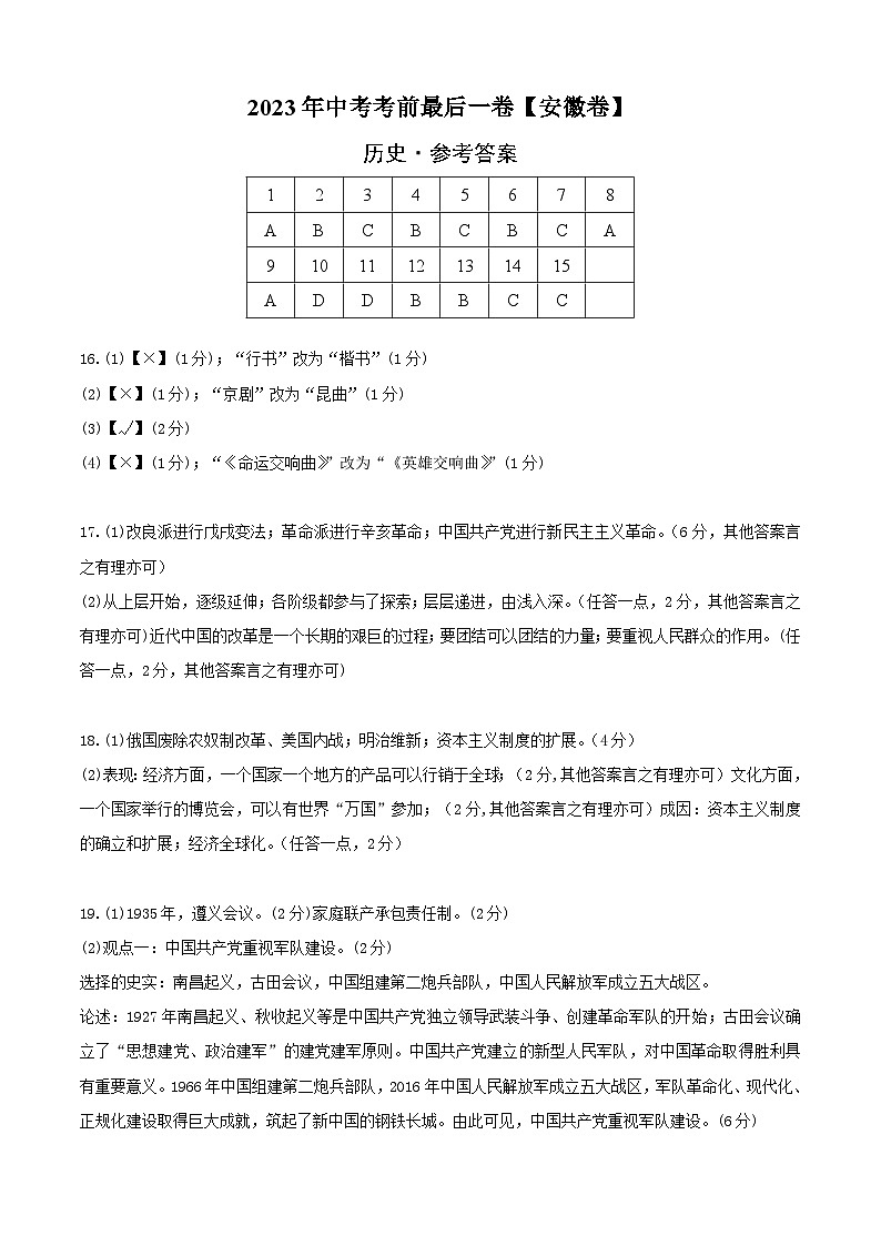 历史（安徽卷）-【试题猜想】2023年中考考前最后一卷（考试版+答题卡+全解全析+参考答案）01