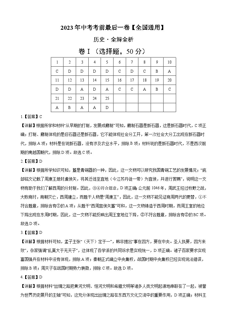 历史（全国通用）-【试题猜想】2023年中考考前最后一卷（全解全析）第1页