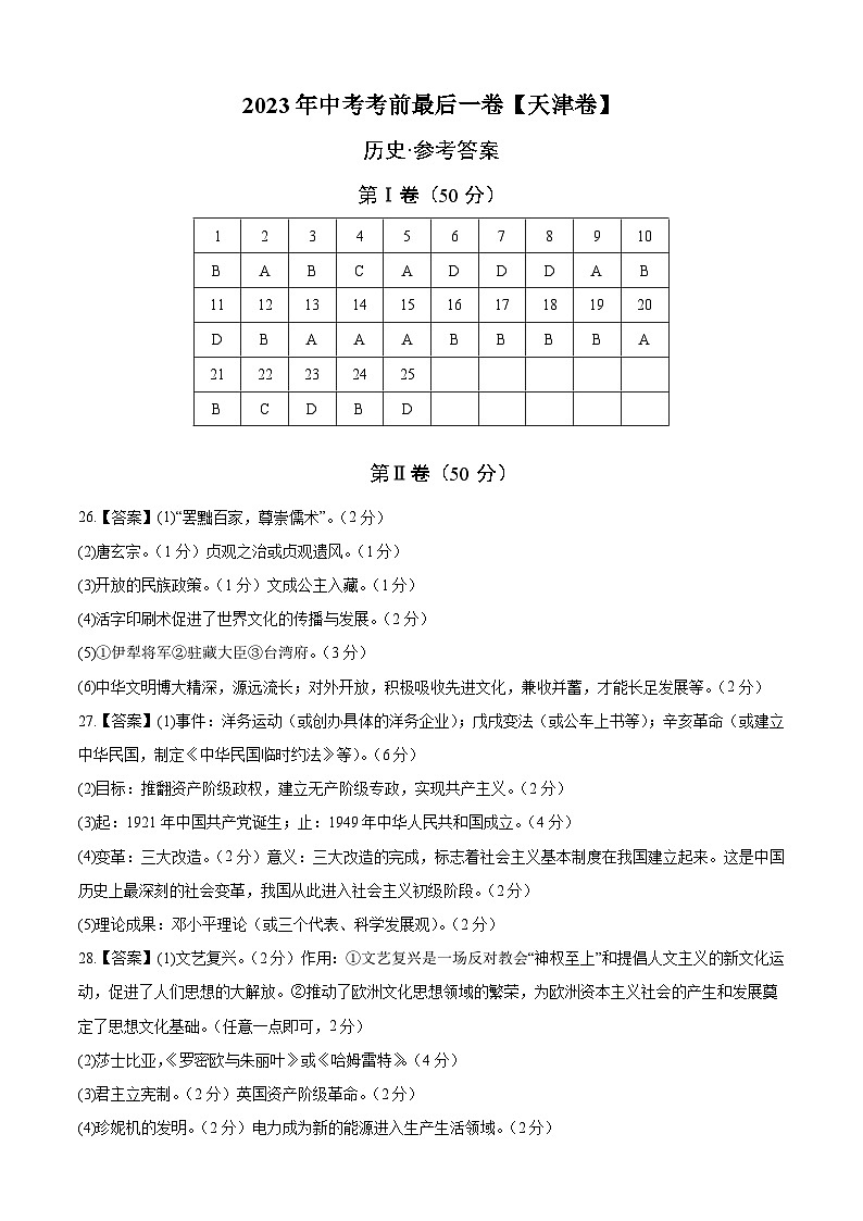 历史（天津卷）-【试题猜想】2023年中考考前最后一卷（参考答案）第1页