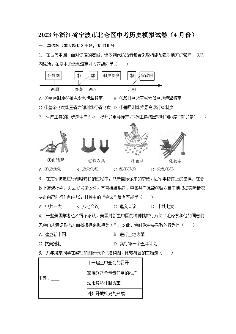 2023年浙江省宁波市北仑区中考历史模拟试卷（4月份）（含解析）01