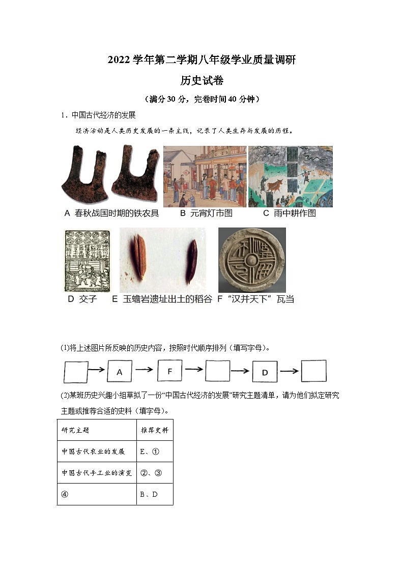 2023年上海市闵行区中考二模历史试卷含详解第1页