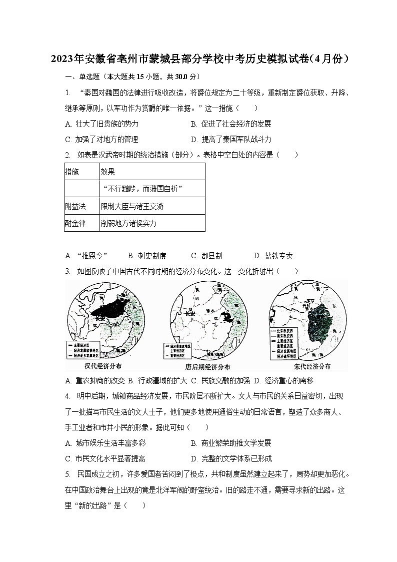 2023年安徽省亳州市蒙城县部分学校中考历史模拟试卷（4月份）（含解析）01