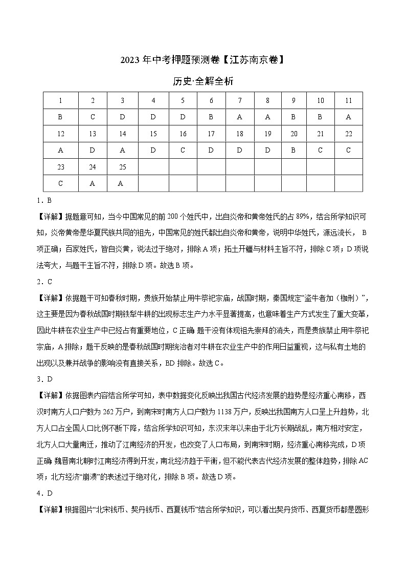 2023年中考历史押题卷01（江苏南京卷）（全解全析）第1页