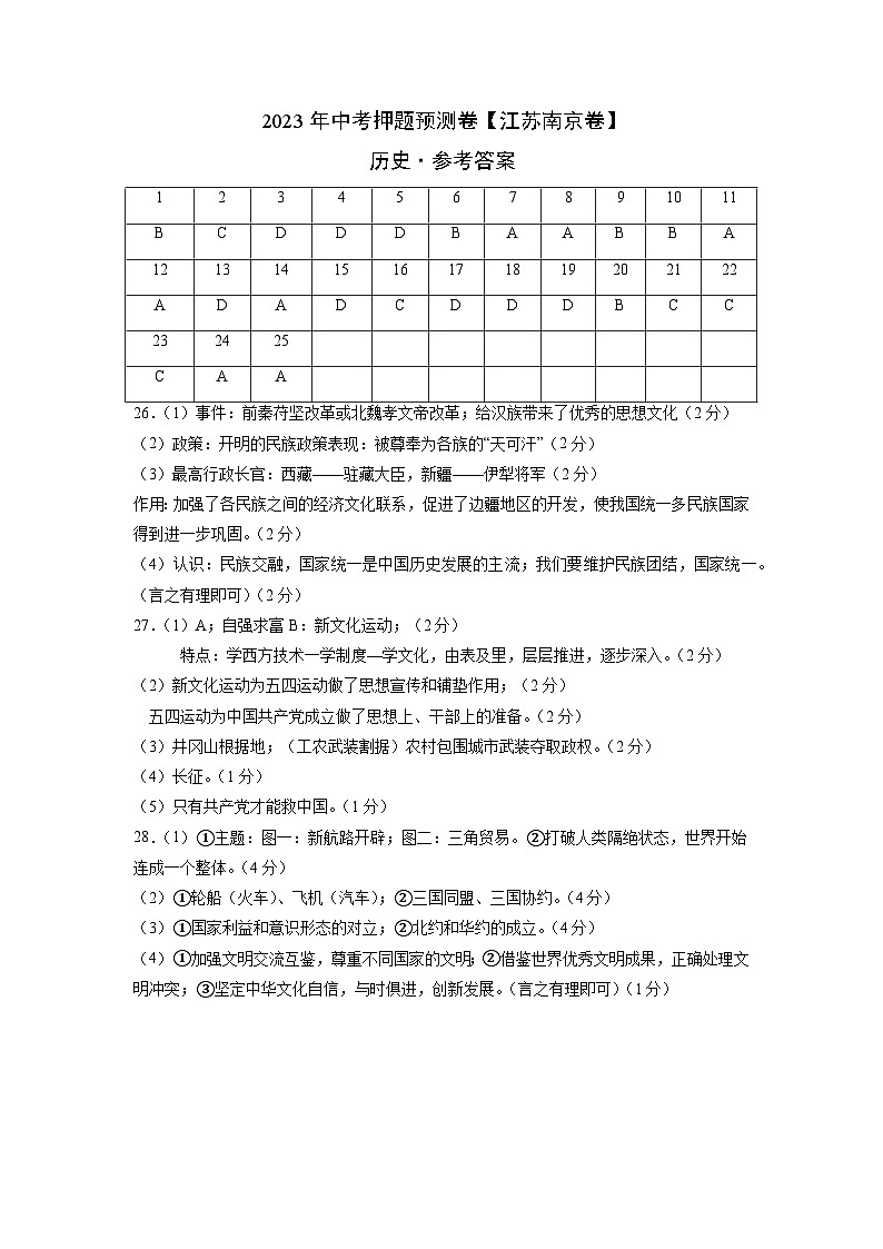 2023年中考历史押题卷01（江苏南京卷）（参考答案）第1页