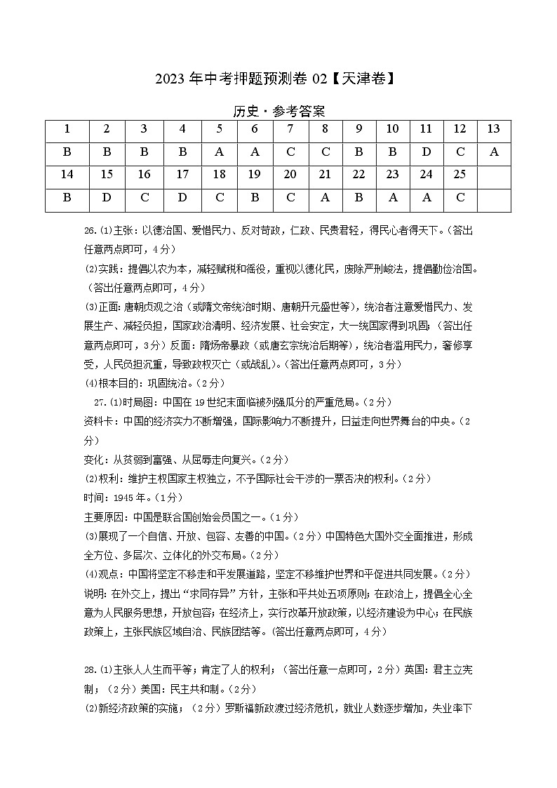 2023年中考历史押题卷02（天津卷）（参考答案）第1页