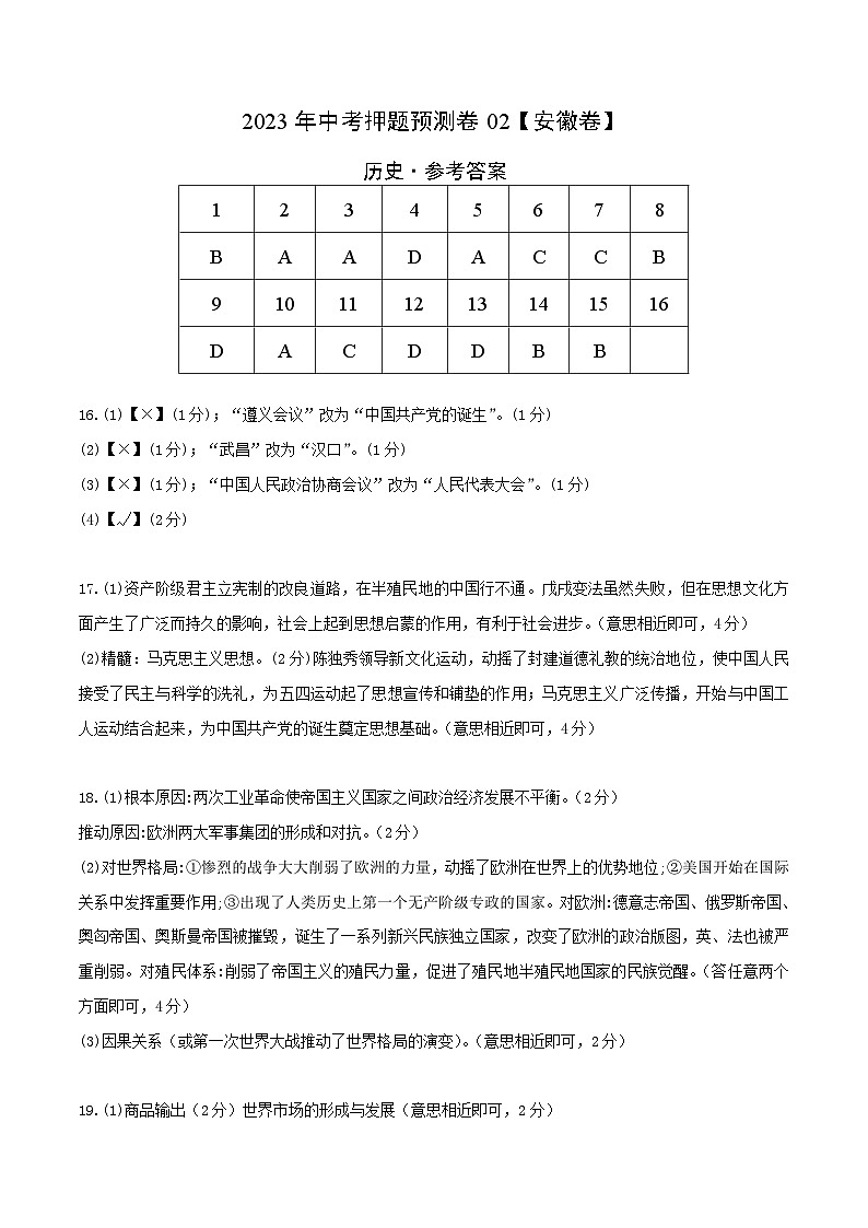 2023年中考历史押题卷02（安徽卷）（参考答案）第1页