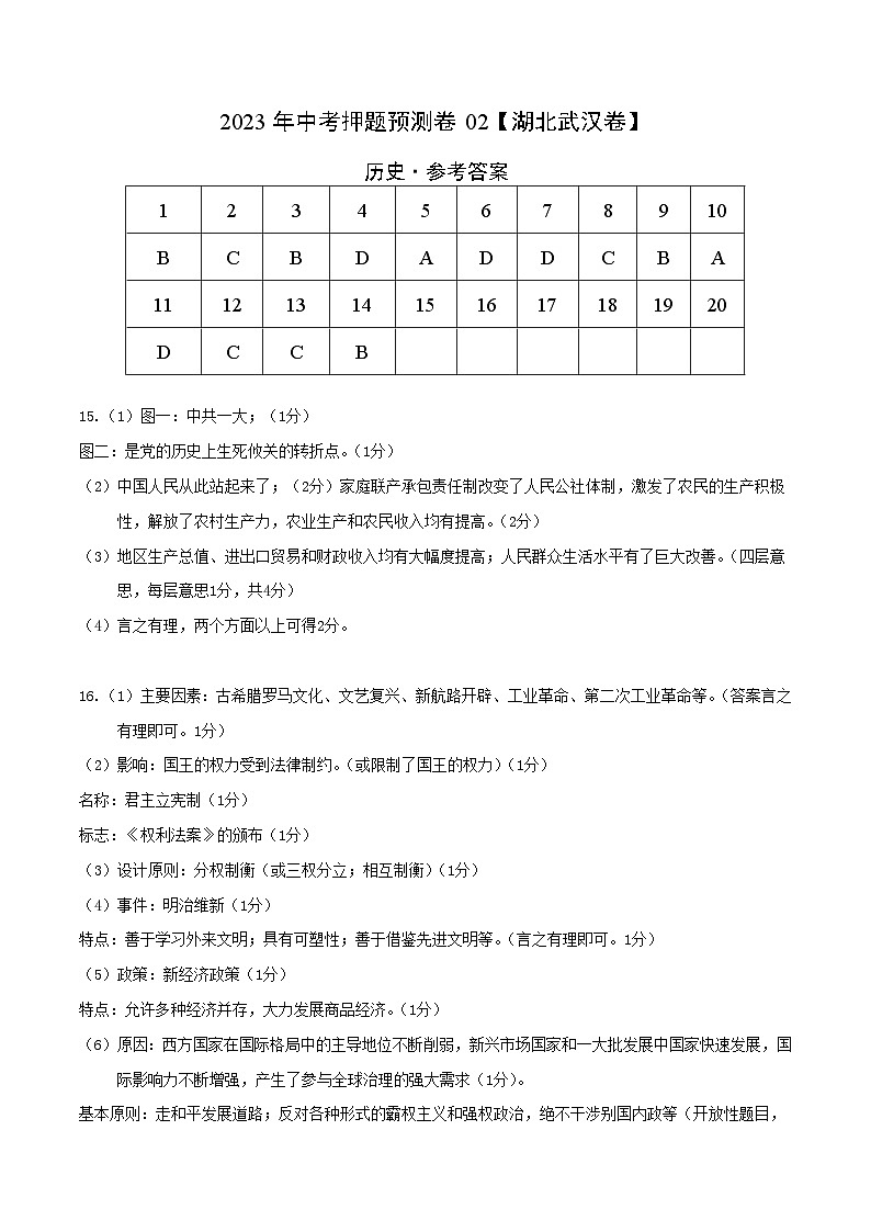 2023年中考历史押题卷02（湖北武汉卷）（参考答案）第1页