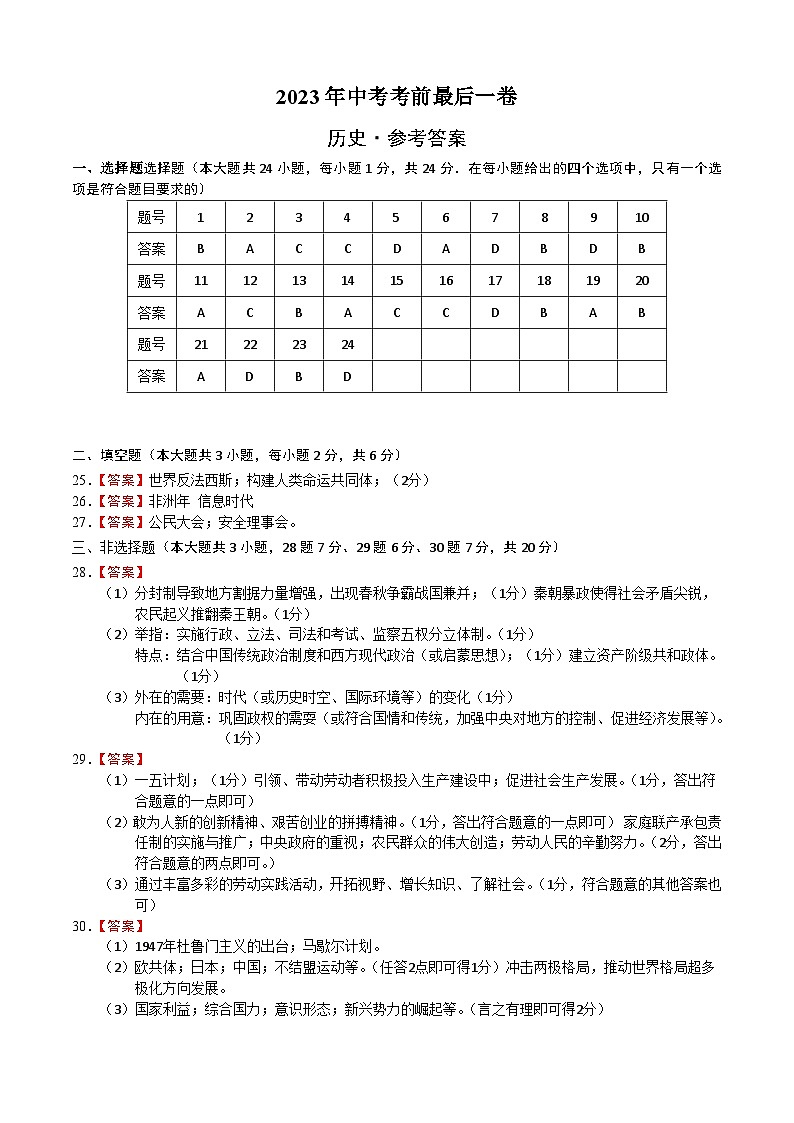 历史（江苏苏州卷）-【试题猜想】2023年中考考前最后一卷（参考答案）第1页