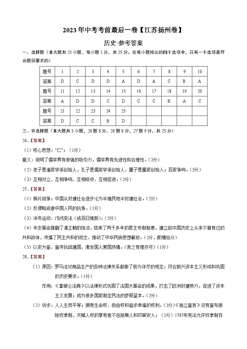 历史（江苏扬州卷）-【试题猜想】2023年中考考前最后一卷（参考答案）第1页