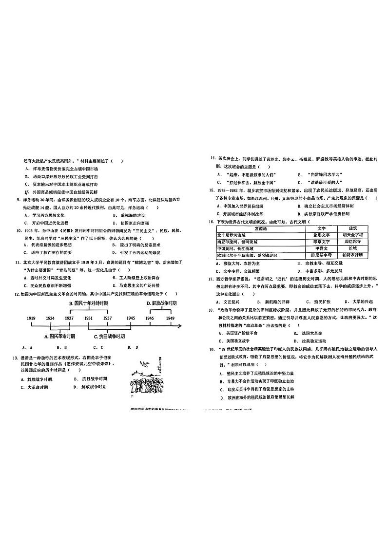 广东深圳南山区南实集团2023届九年级中考二模历史试卷+答案第2页