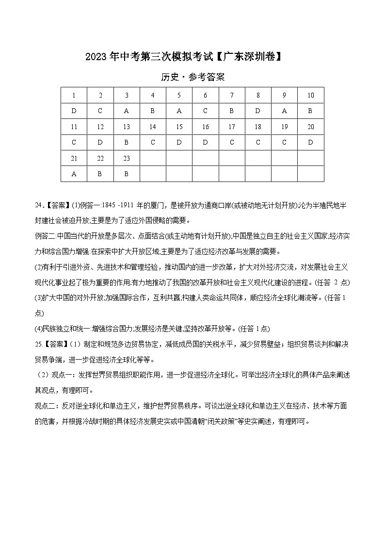 （广东深圳卷）2023年中考历史第三次模拟考试01