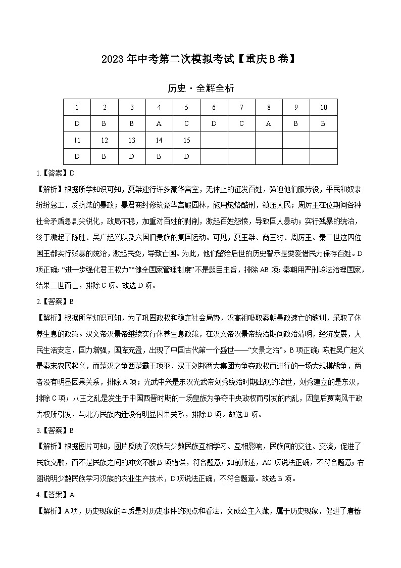 （重庆B卷）2023年中考历史第二次模拟考试01