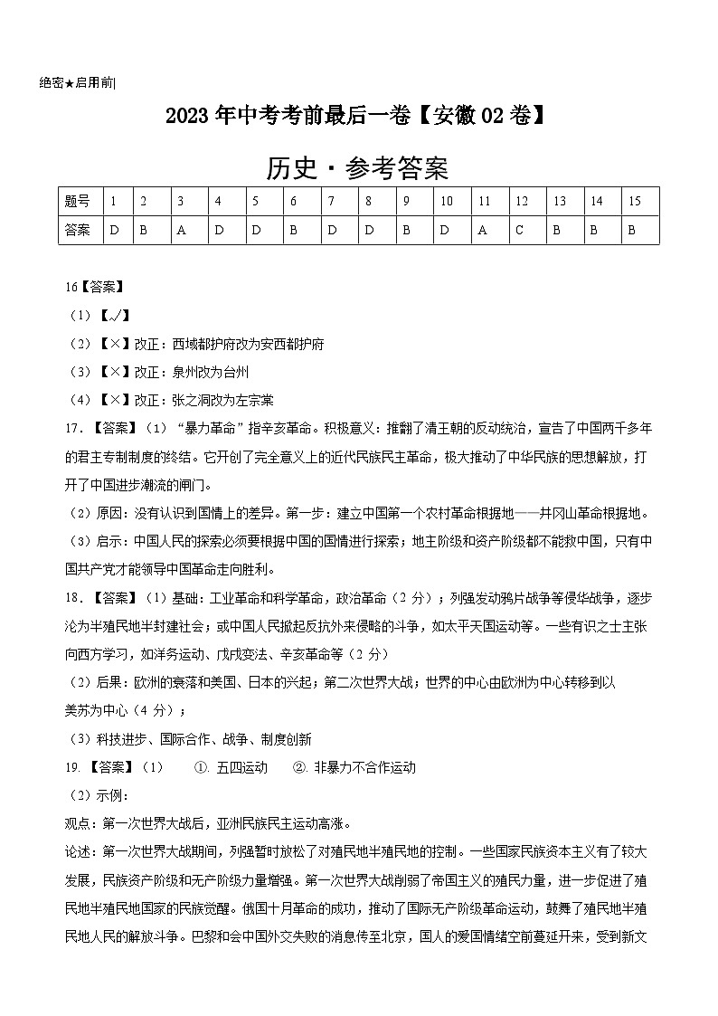 历史-（安徽02卷）【试题猜想】2023年中考考前最后一卷（参考答案）第1页